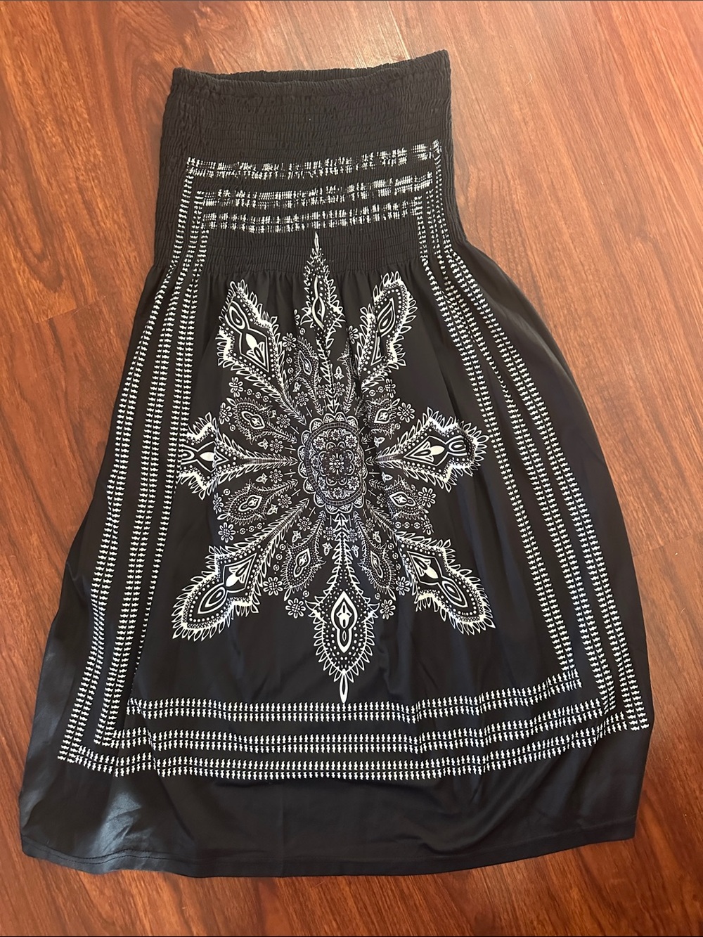 Black Boho Print Smocked Waist Maxi Skirt